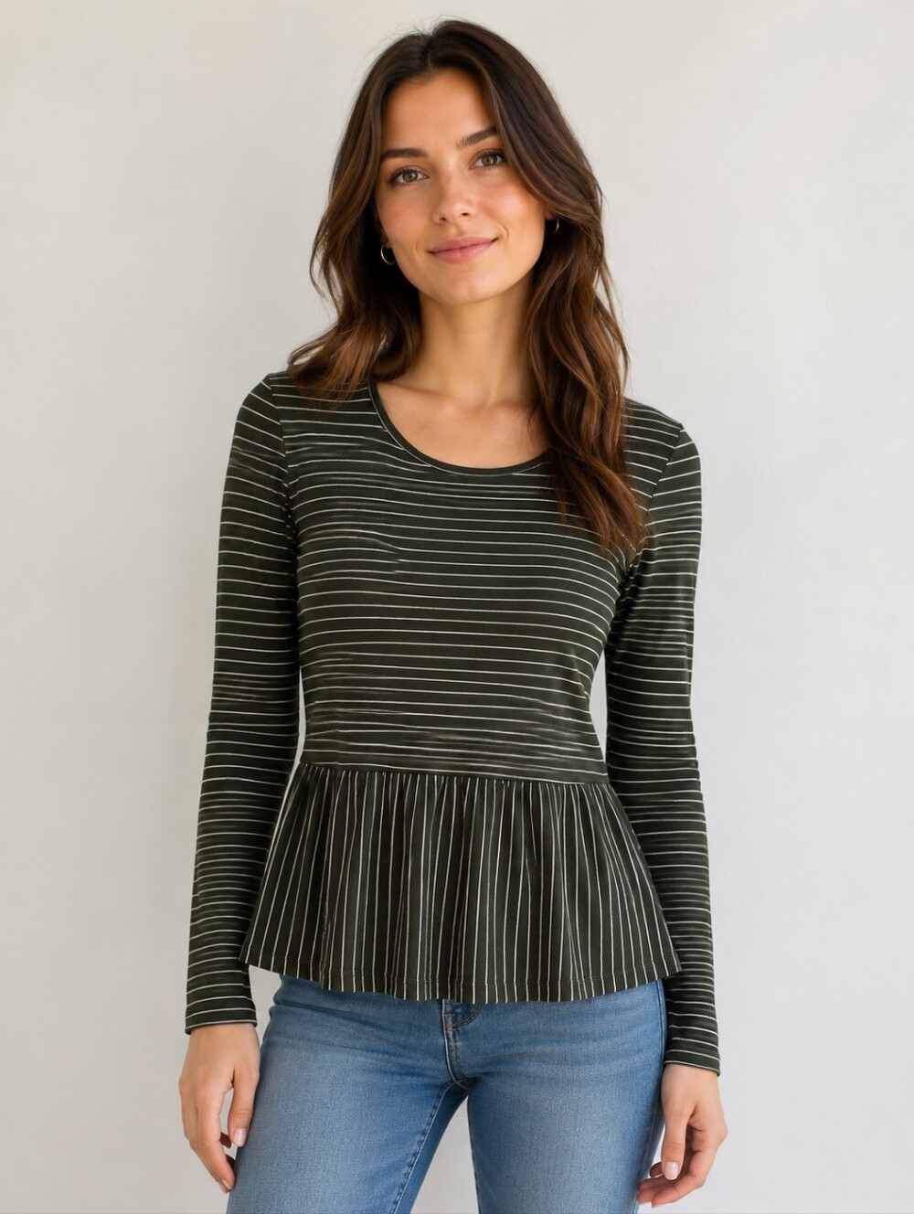 Serendipity Women's Army Green Striped Long Sleeve Top Size Small 🐈